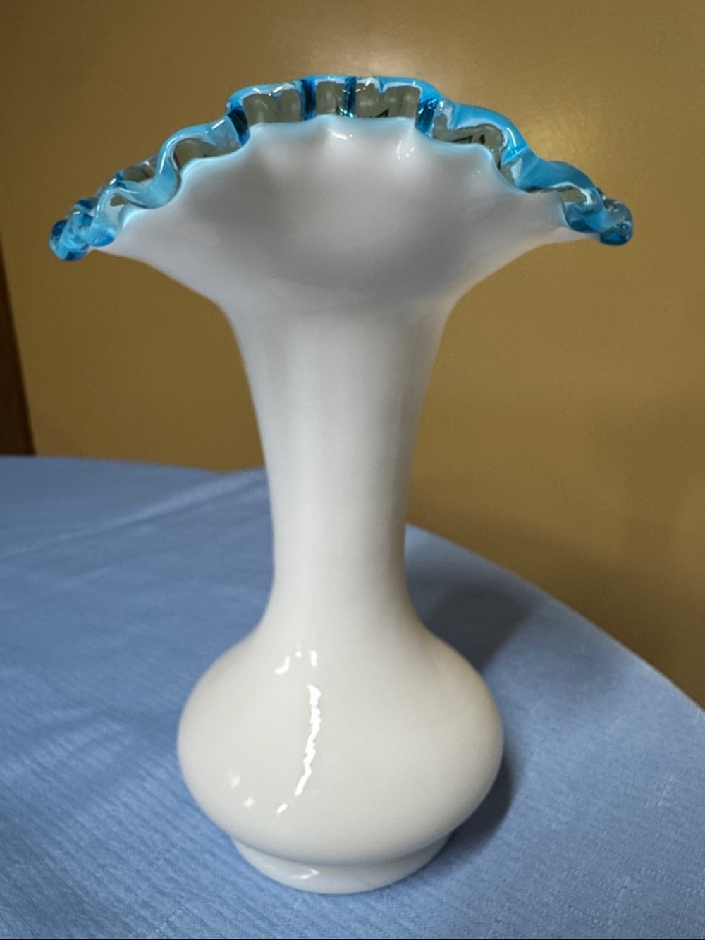 Fenton 8" Aqua Crest On Milk Glass Vase Double Crimped 1941-43